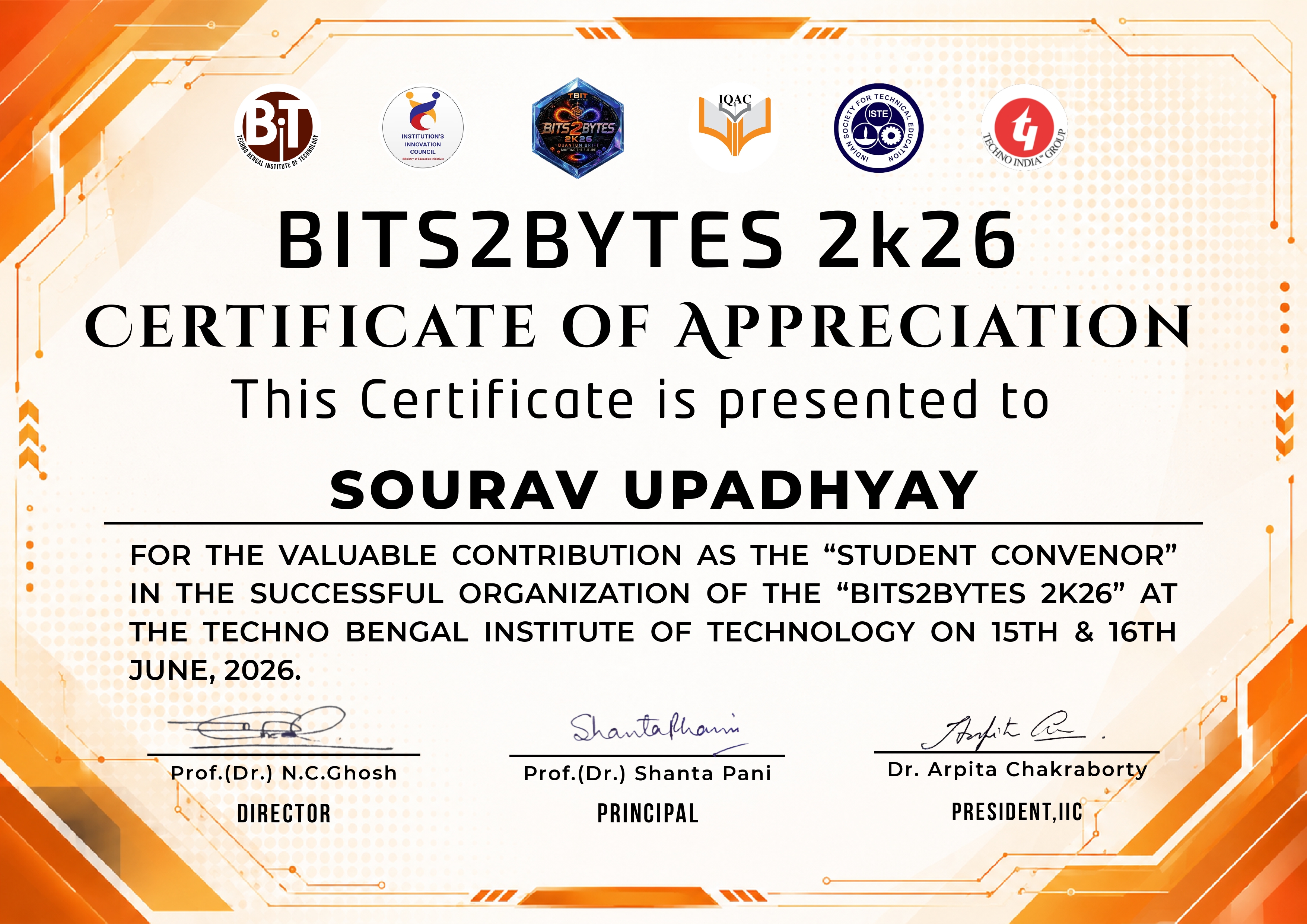 BITS2BYTES 2K26 Certificate of Appreciation